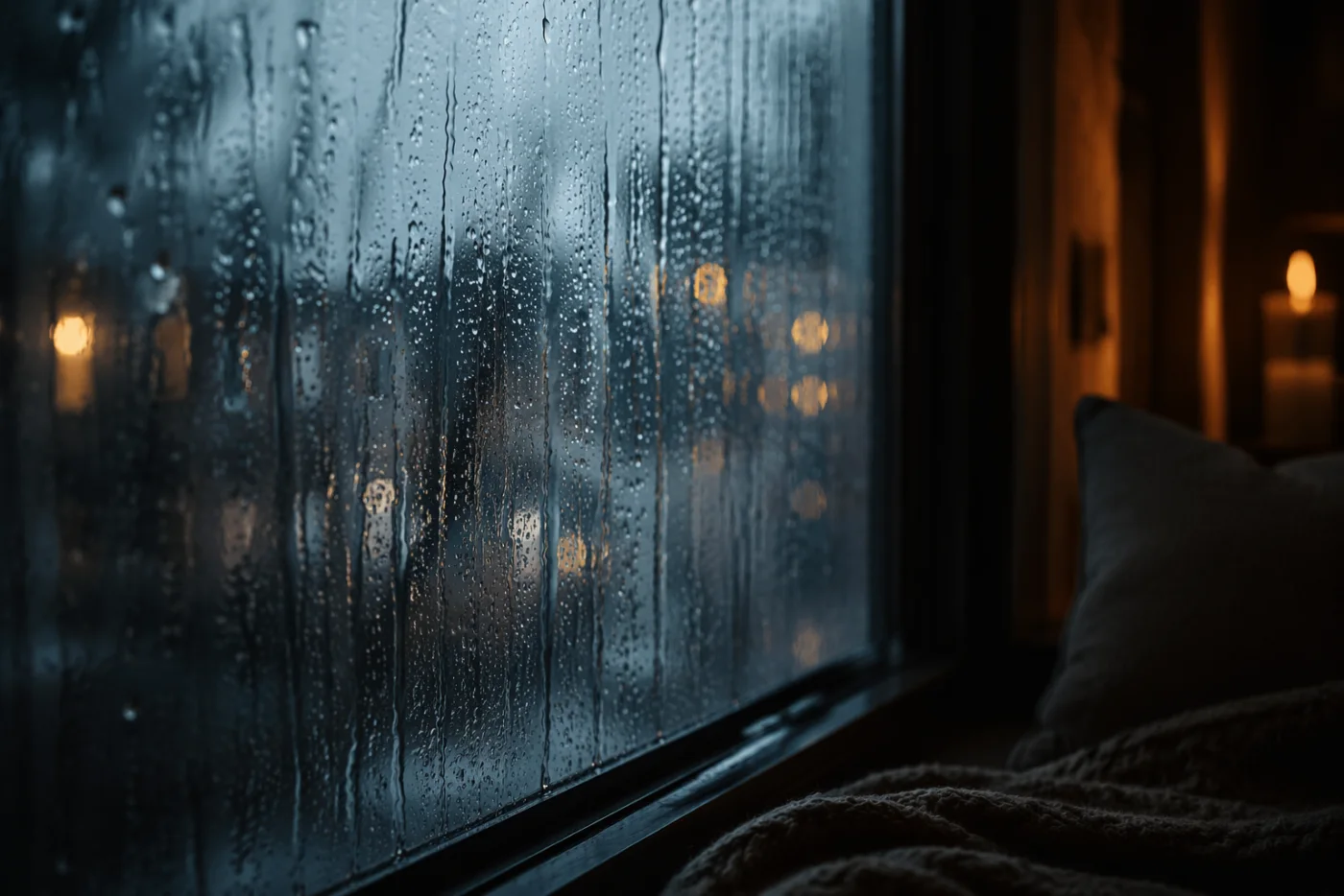雨滴落在窗面的沉浸场景